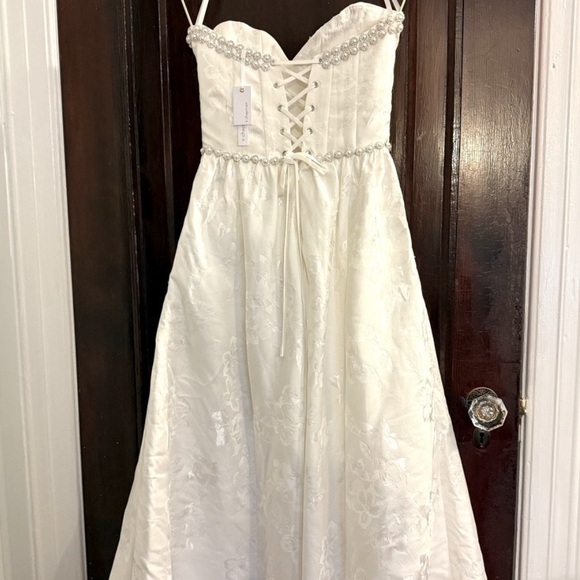 V. Chapman Lucia White Strapless Pearl Bustier A-Line Dress with Slit - Picture 4 of 13